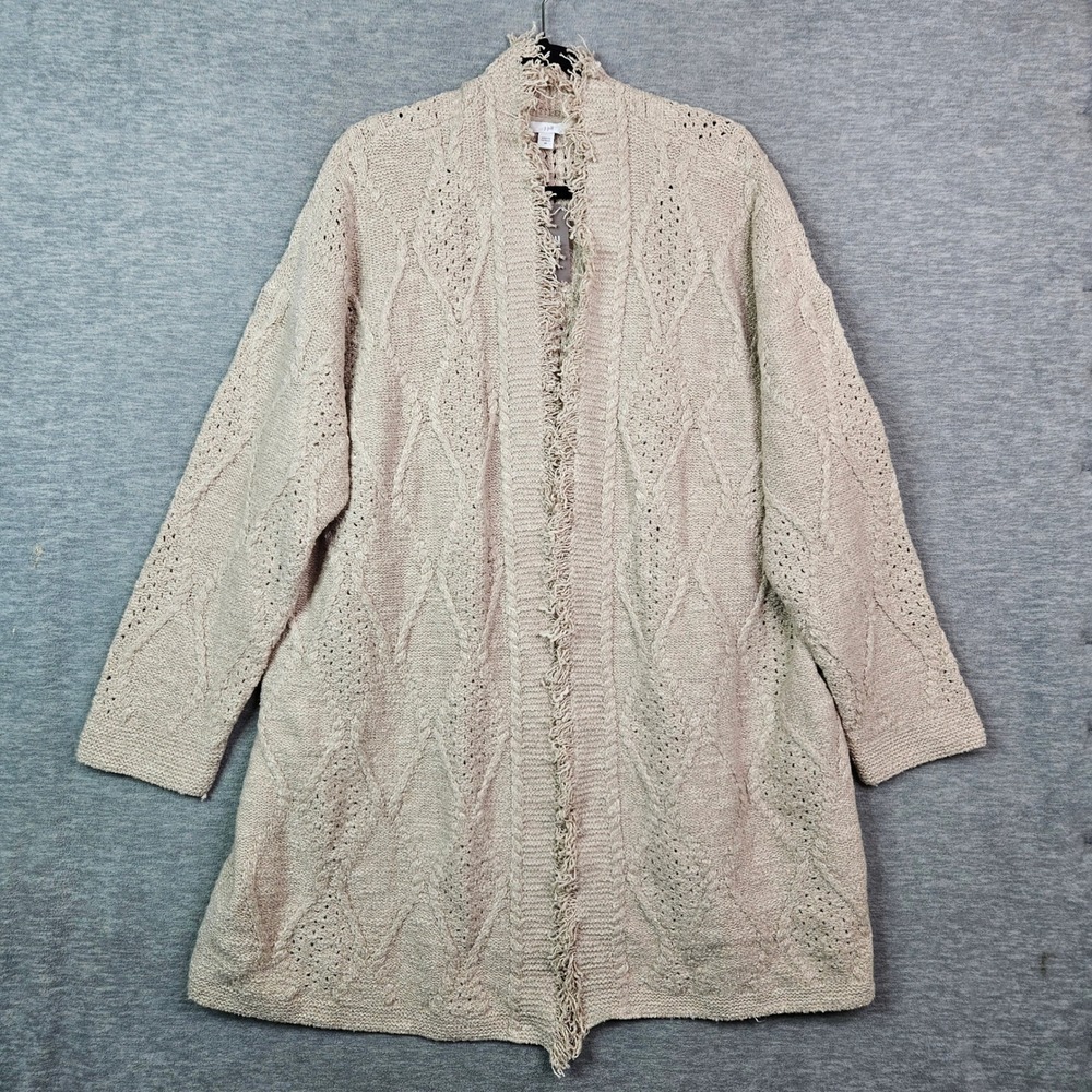 J. Jill Womens 3X Oatmeal Heather Fringed Diamond Cable Knit Cardigan NWT